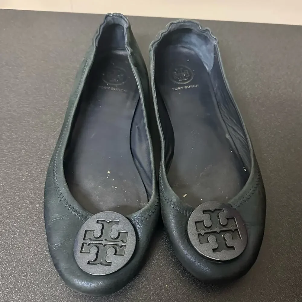 Tory Burch Minnie Travel Ballet Flat Soft Metal Metallic Shimmer Black Size 8.5